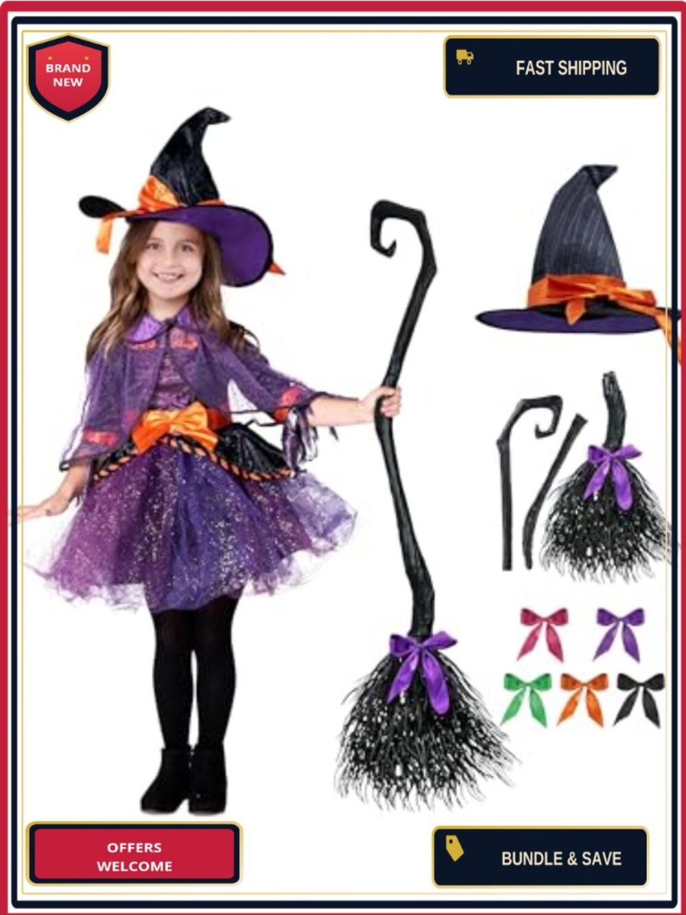 Girls Witch Costume Set Hat Dress Cape Belt Broom 5-Piece Halloween